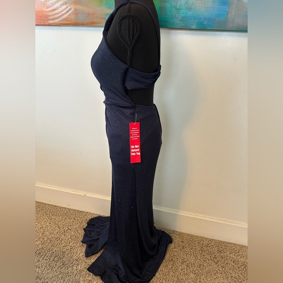 B. Smart 1 shoulder Sparkly Navy Formal Body Con Open Back Prom Maxi Dress Small - Picture 5 of 11